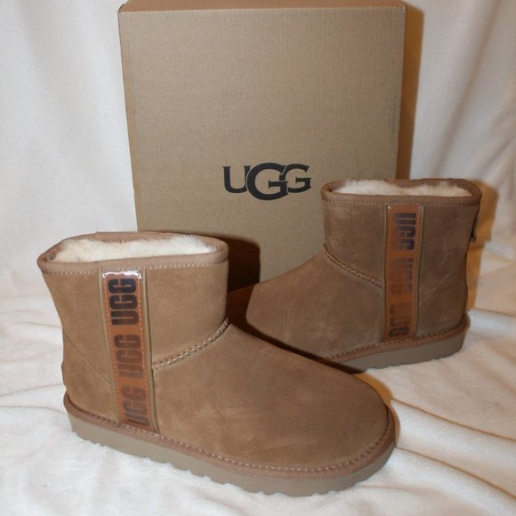 NIB UGG WOMEN'S SIDE‎ LOGO SUEDE SHEARLING MINI BOOTS CHESTNUT
